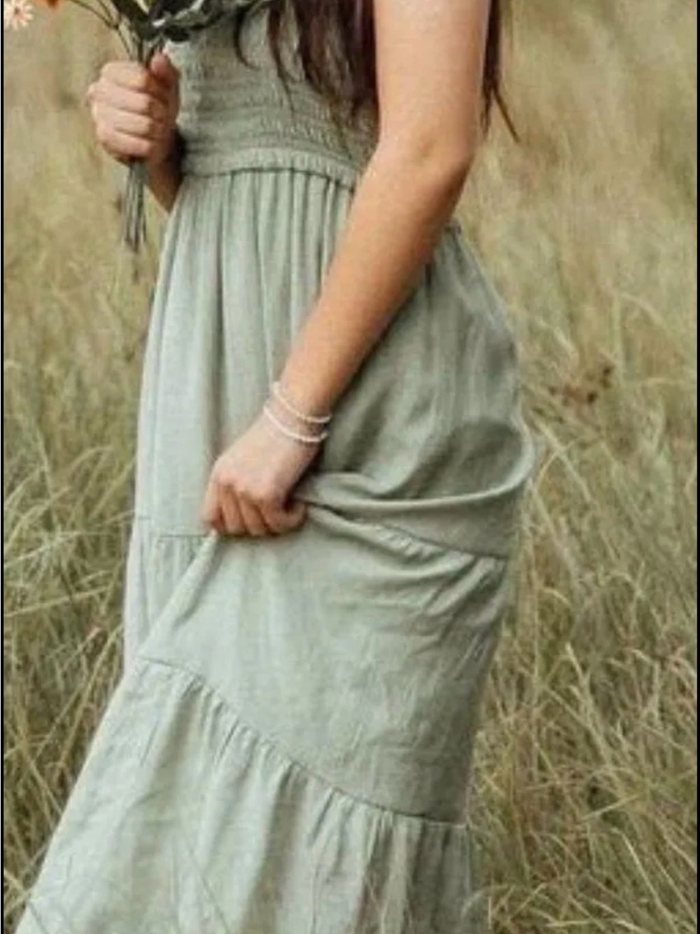 Women's Sage Green Tiered Maxi Dress with Smocked Bodice